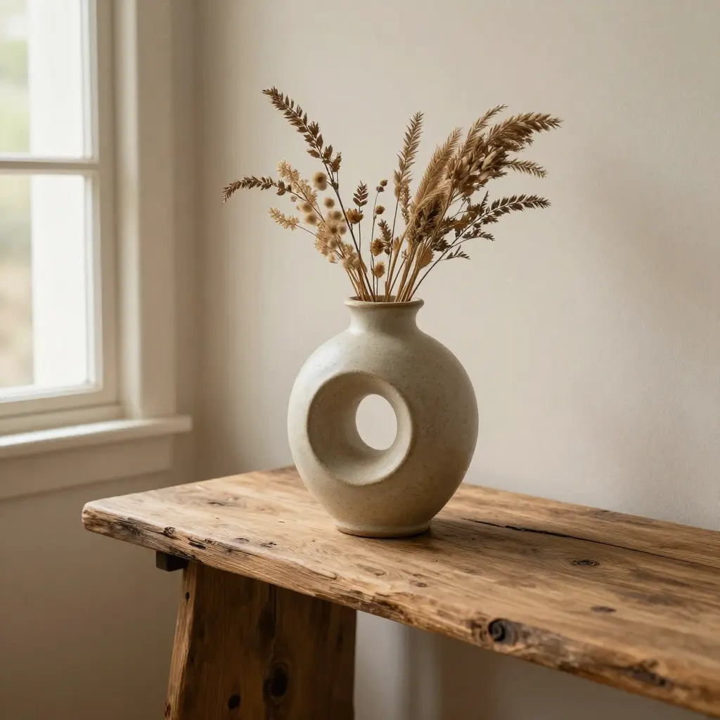 Sculptural ceramic vase with dried botanicals on reclaimed wood console