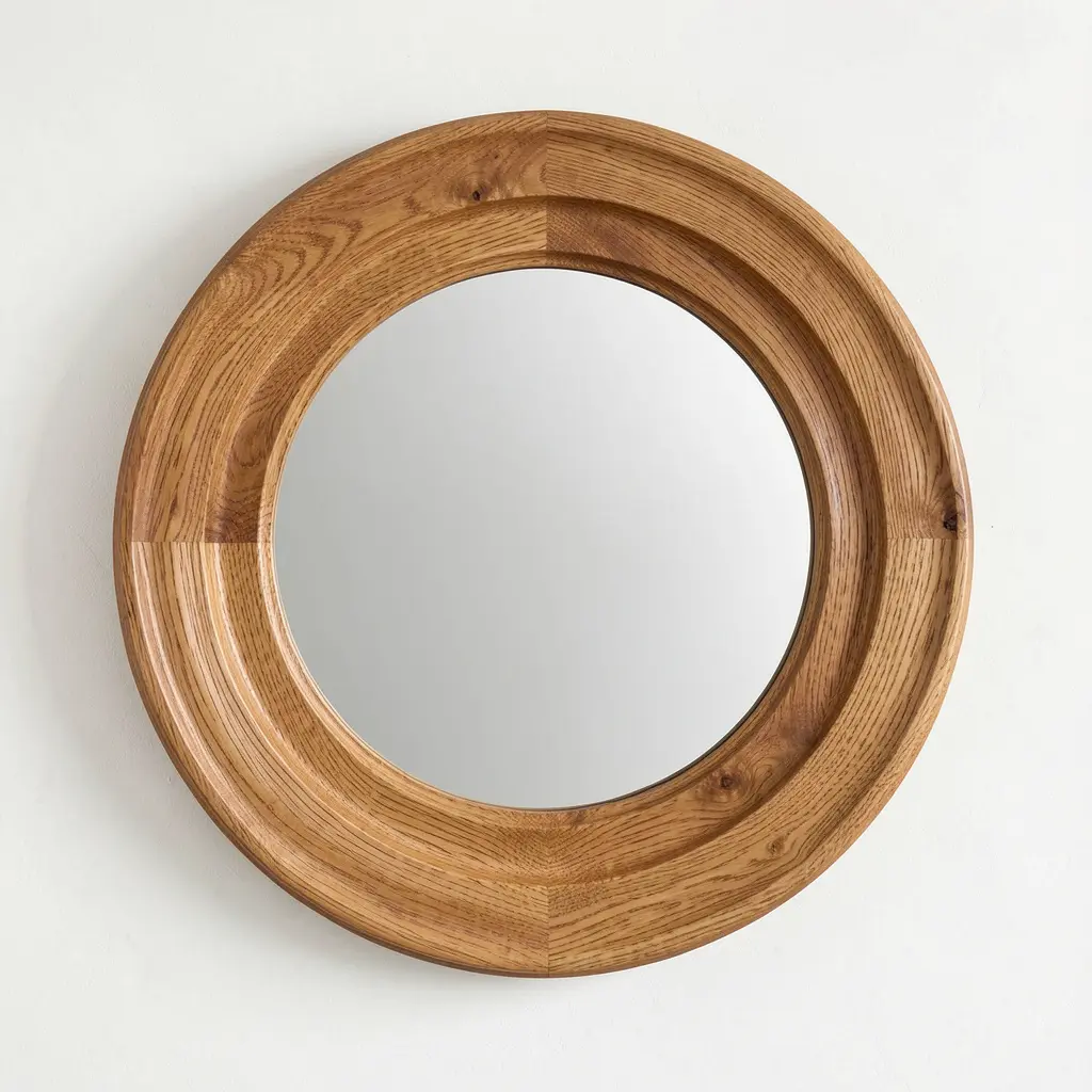 Round wooden frame mirror with natural finish