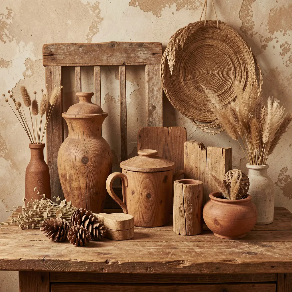 Rustic wooden decor items with warm tones