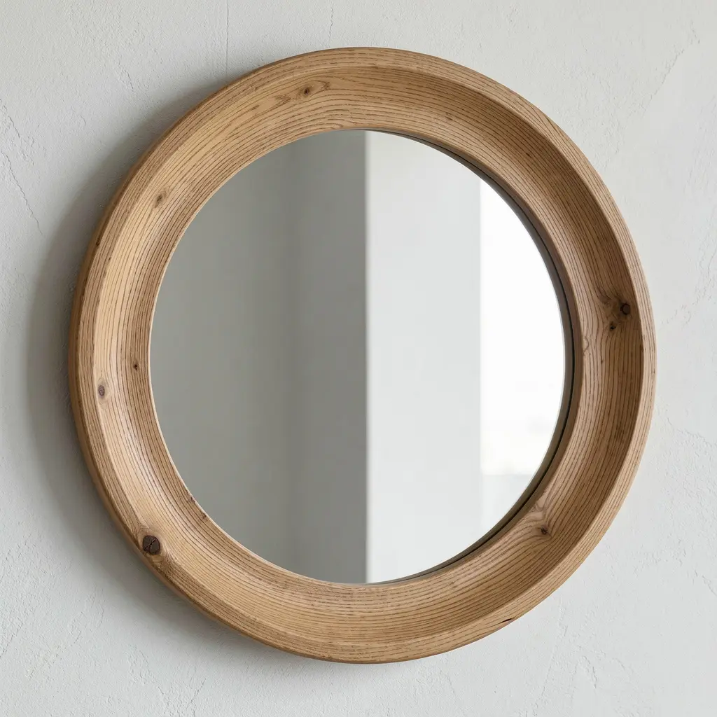 Round oak frame mirror with natural grain finish