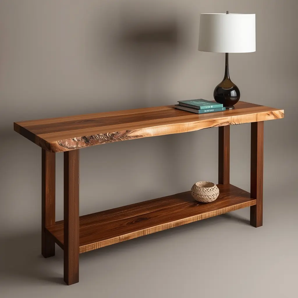 Reclaimed wood console table with natural edge